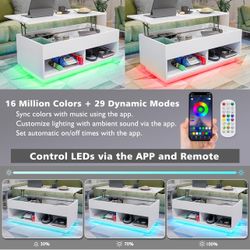 HOMMPA 40" Modern LED Coffee Table with Storage for Living Room, Lift Top Coffee Table with 2 Shelves, High Glossy Wooden Dining Table, Multifunctiona