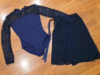 Navy Blue Dance Outfit Set – Long Sleeve Floral Lace Leotard & High-Waisted Chiffon Wrap Skirt