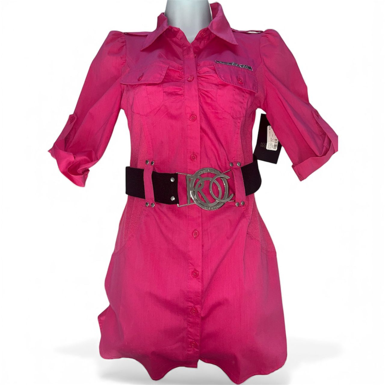 Rocawear Y2K Pink Beetroot Women’s Shirt Dress Collared Button Front Wide Belt S NWT/NWD