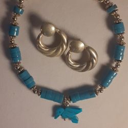 Handmade TURQUISE HUMMINGBIRD PENDANT NECKLACE  & STERLING HOOPS 925 