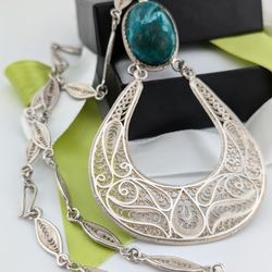 925 STERLING SILVER Large Israeli Filigree Eilat Stone Pendant Necklace