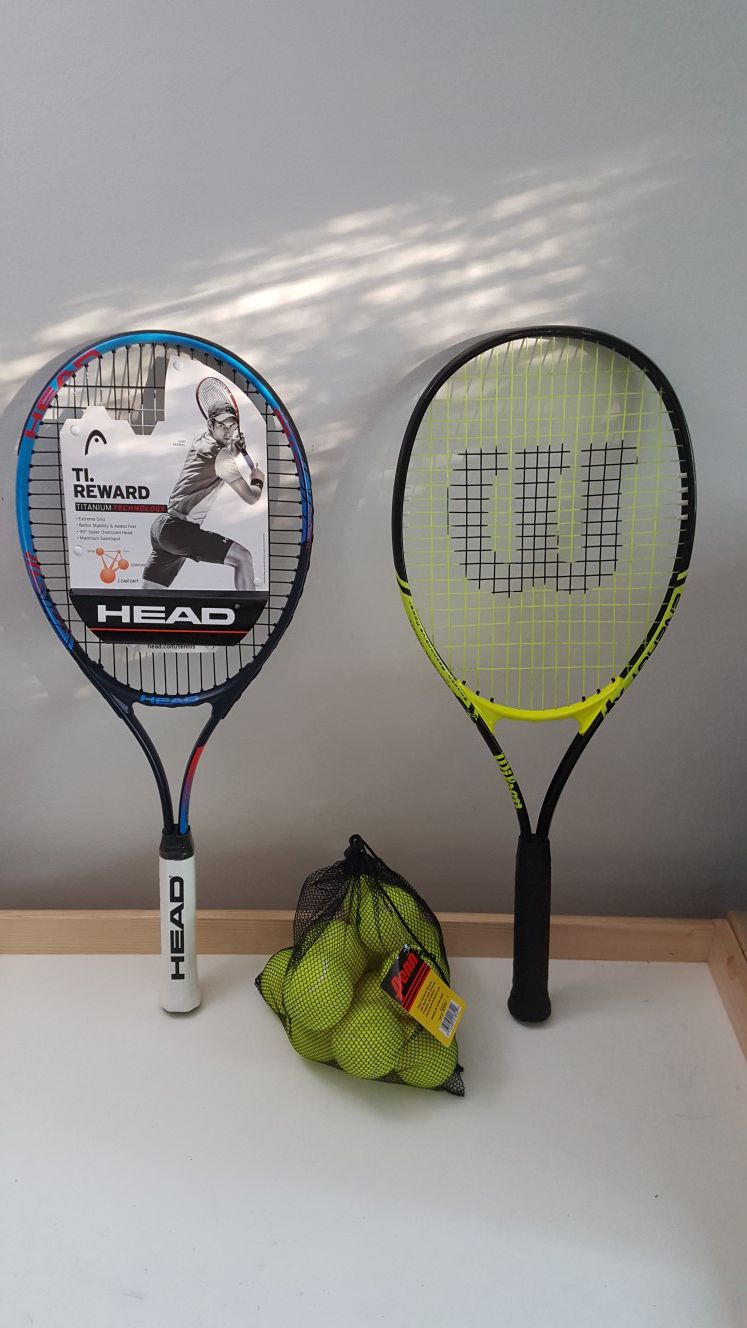 Two Tennis Racquets + 12 unused tennis balls for sale(one new & one used)