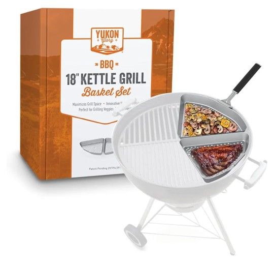 BBQ Grill Basket for Kettle Grills The Kettle Grill Accessories for Outdoor Grill Set Includes 2 stainless steel grilling baskets & ClipOn Handle Desi