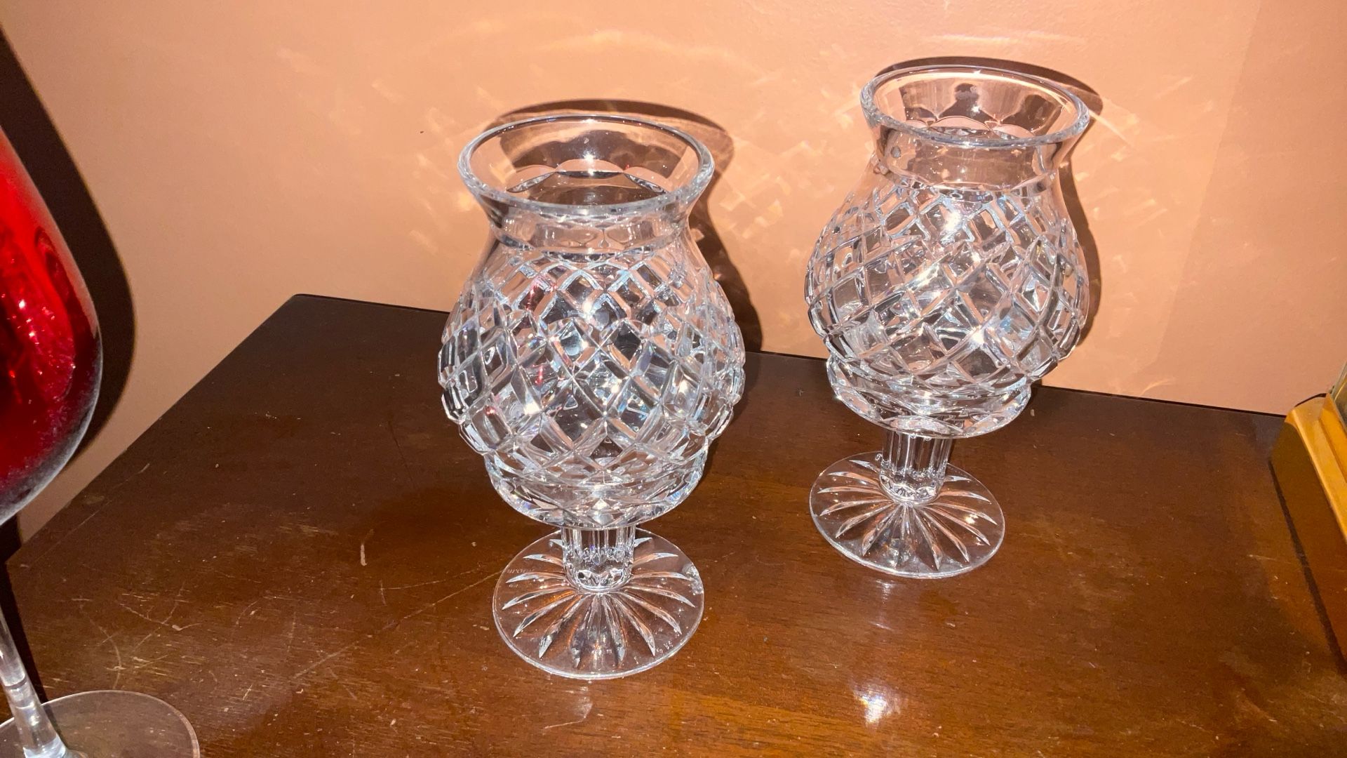 Vintage 2 Pc Lead Crystal Hurricane Candle Holders