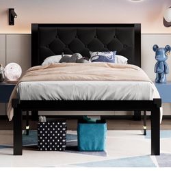 Twin Sized Metal Bedframe With Tufted Headboard 