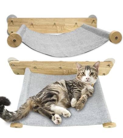 New Cat Wall Hammock 23 x 14 Easy Install Wood with Gray Fabric