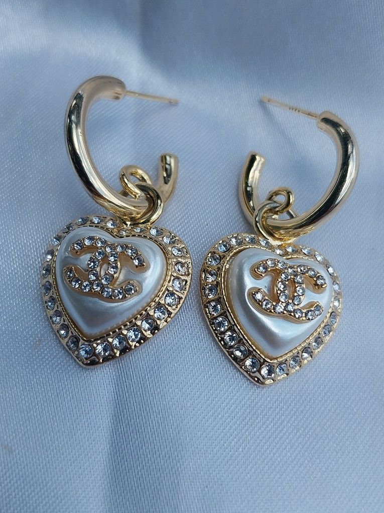 Gold Pearl Crystal Heart Designer Dangle Drop Earrings