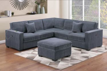 Brand New Grey Corduroy Sectional Sofa w Ottoman