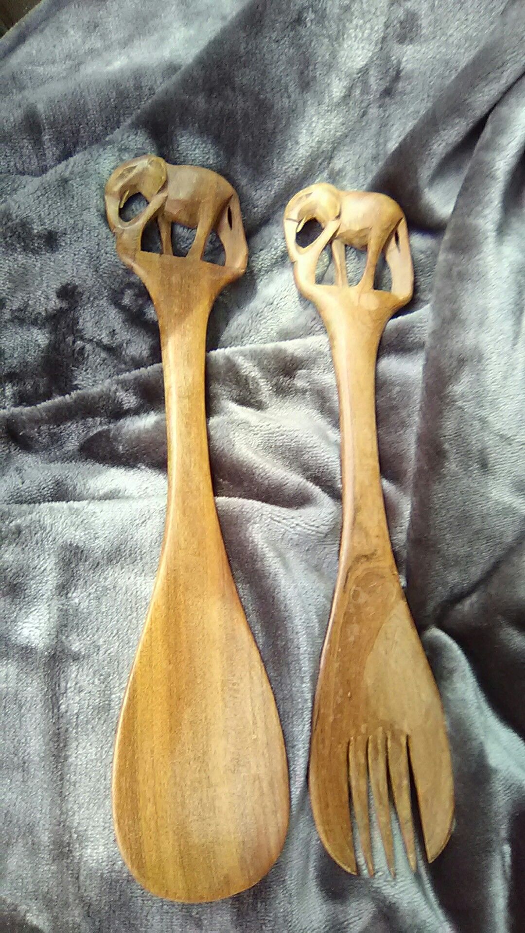Set of African wood salad serving utensils