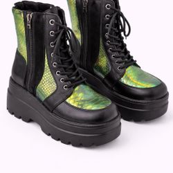 Iridescent Green Platform Combat Boots – Women’s EU 40 (Chunky Sole)