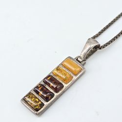 Vintage Modernist Sterling Silver Ombre Amber Bar Pendant On Box Chain Necklace 4605-15