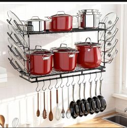 Pot Rack Wall Mounted, 22''-30'' Length Expandable, 3 Level Height Adjustable, 2 Tier Heavy Duty Hanging Cookware Pan Organizer with 12 Hooks and 8 Li
