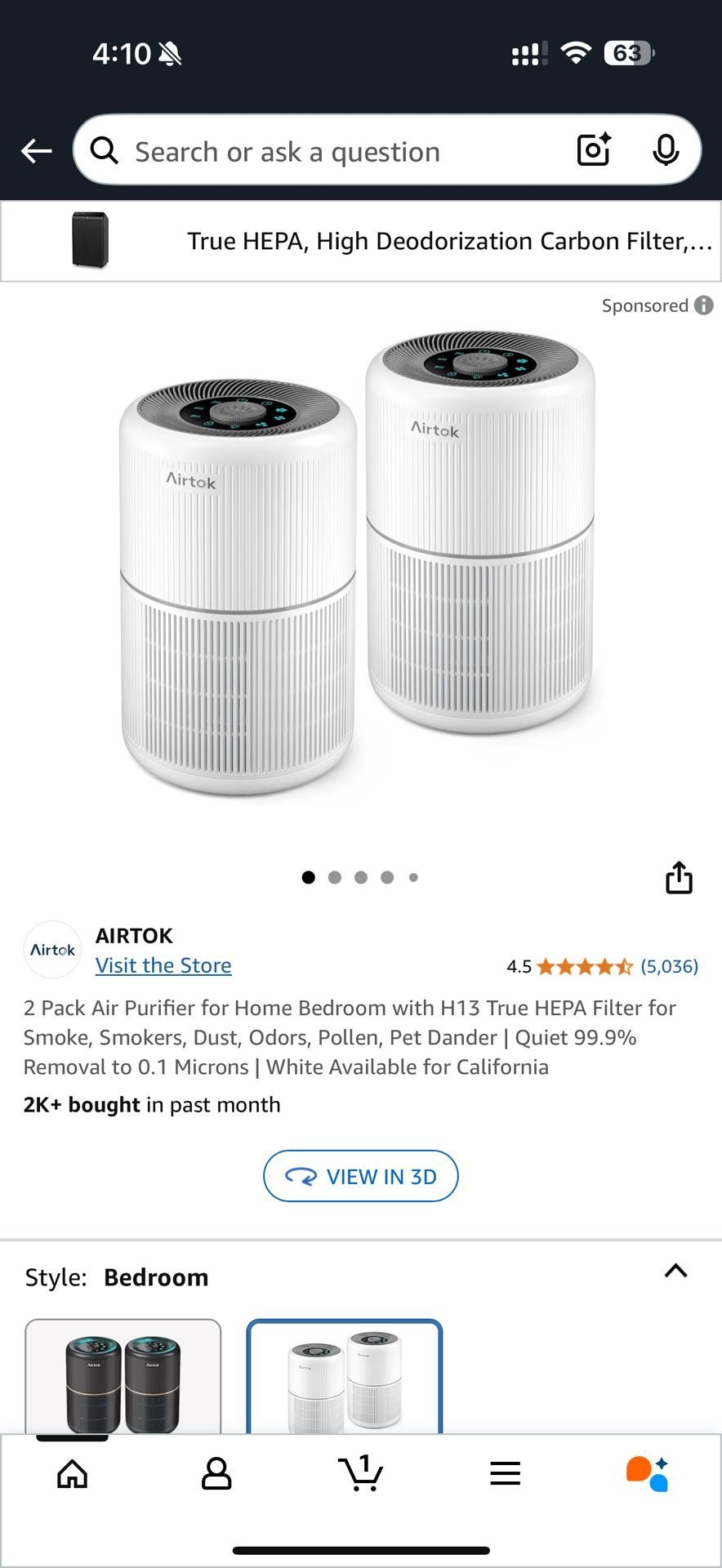 New 2 Pack Air Purifier for Home Bedroom with H13 True HEPA Filter for Smoke, Smokers, Dust, Odors, Pollen, Pet Dander | Quiet 99.9% Removal to 0.1 Mi