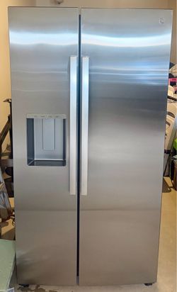 GE 36 inch wide 27.7 Cu Ft smart side by side refrigerator w/ LED light walls, extra tall dispenser