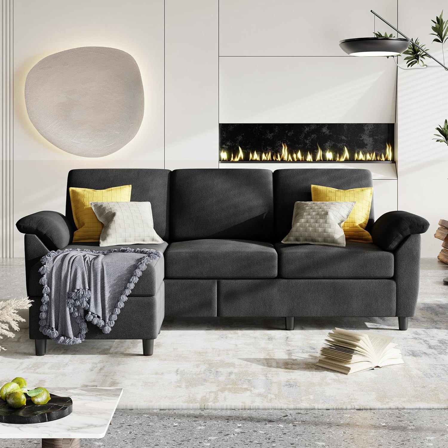 New Modular Sofa, 3 Seat by er L Shape Sectional Couch with Removable Pillows, Linen Fabric, Mid Century Small Sofa for Living Room, Apartment and Off