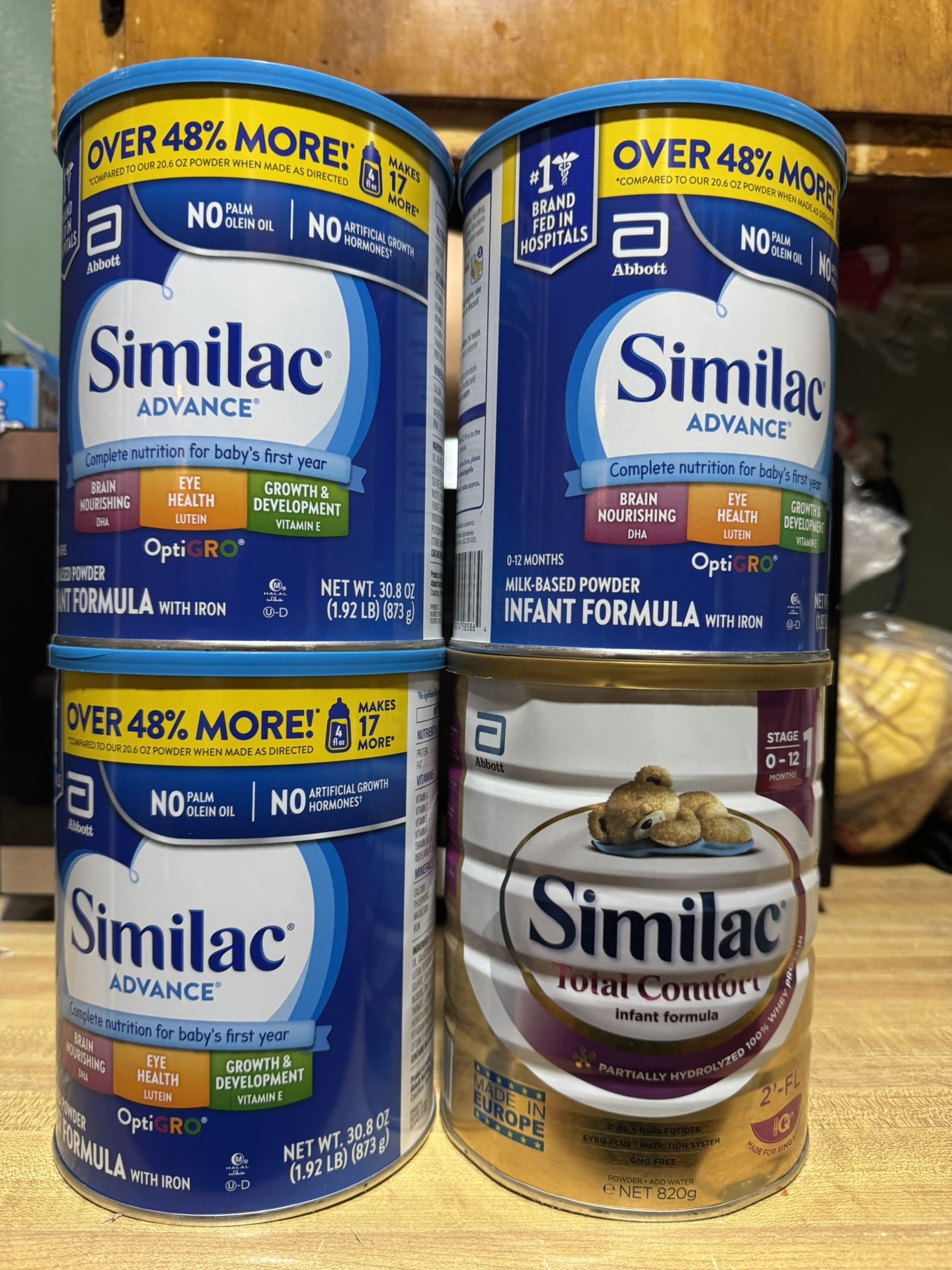 3 cans of Similac Advance and 1 can of Similac Total Comfort 30.8 oz for $35 each or $160 for all