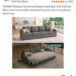 Like new HONBAY Modular Sectional Sleeper Sofa Bed, with Pull Out Bed, Linen Convertible Sectional Couches for Living Room - Dark Grey.