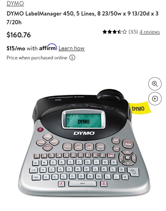 DYMO LabelManager 450, 5 Lines, 8 23/50w x 9 13/20d x 3 7/20h Needs Power Cord Works