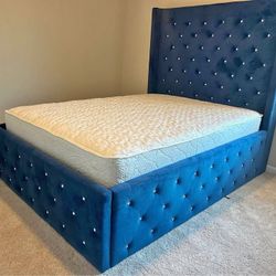 Blue Diamond Tufted Upholstered King And Queen Size Bed Frame