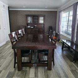 122 Inch Extendable Cherry Wood Table, Bench Chairs And Matching China Cabinet And Hutch