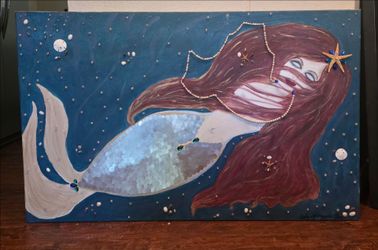 Original Mermaid Multimedia Painting – Large 48"x30" Vintage Coastal Art