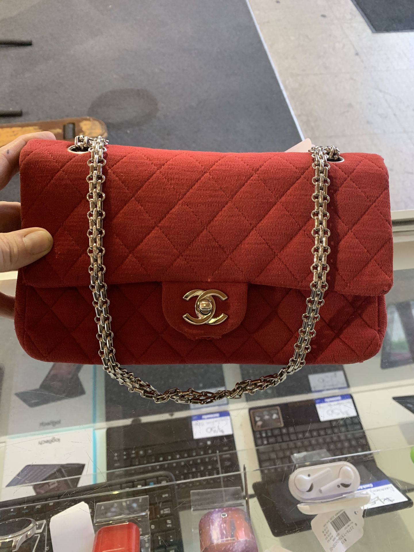 Chanel cotton double flap chain bag $700