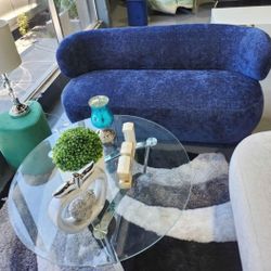 NEW ROUND SOFA BLUE BUCKLE VELVET 90x38