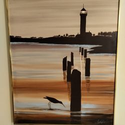 Vintage Mid Century Oversized 50.5H x 40.5W Lighthouse At Sunset Seascape Oil on Canvas by Lee Reynolds
