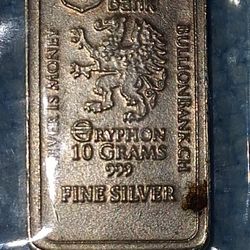 RARE 10 Gram  Fractional Silver Gryphon Silver Bar .999 Total Weight  10gram