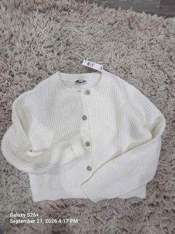 White Ribbed Knit Cardigan with Jewel Buttons