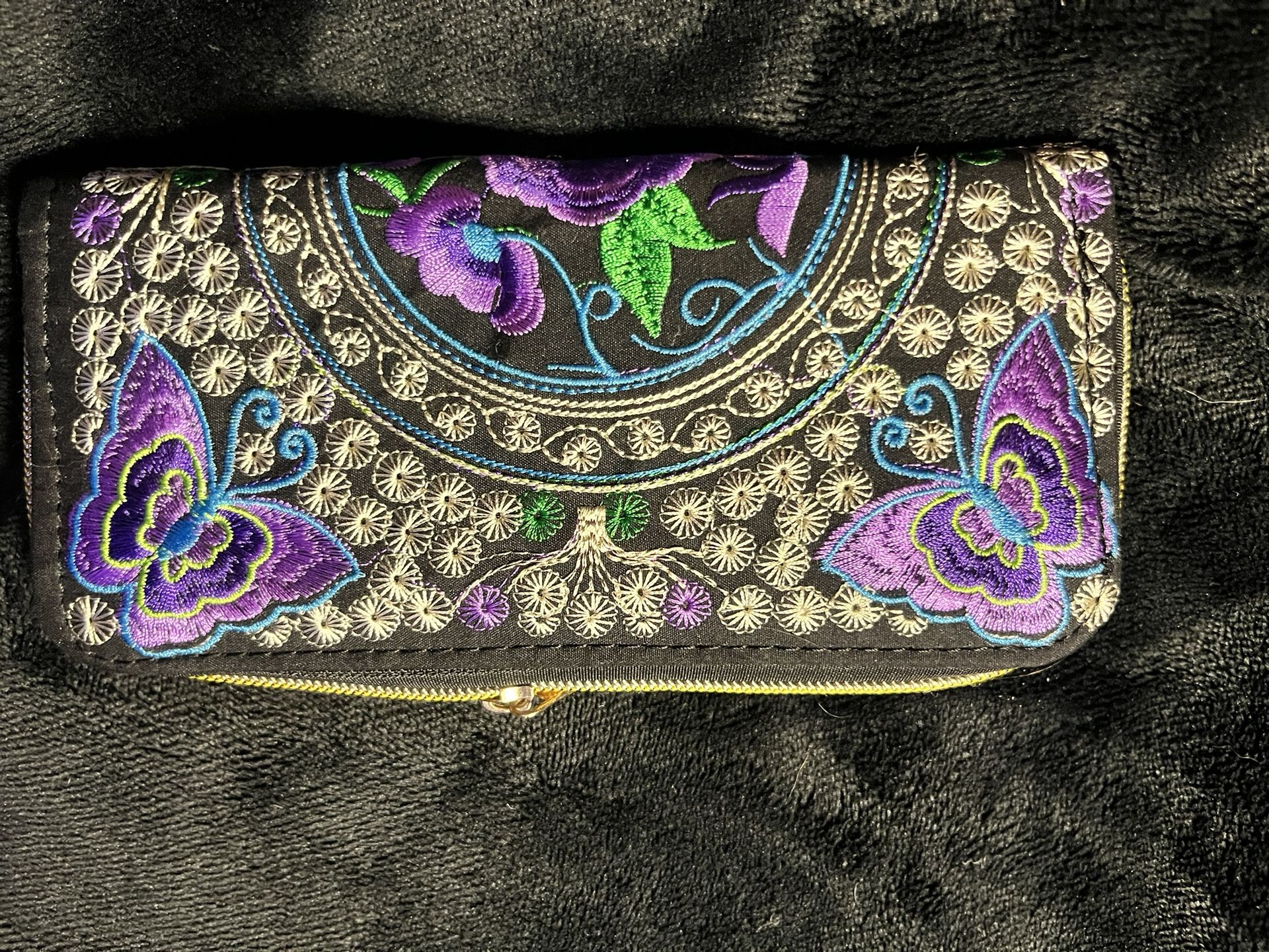 Purple Butterfly And Floral Zipper Wallet