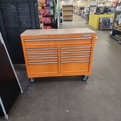 Husky  46" W X 18" d. 9 drawer gloss orange mobile workbench cabinet. Gloss orange

