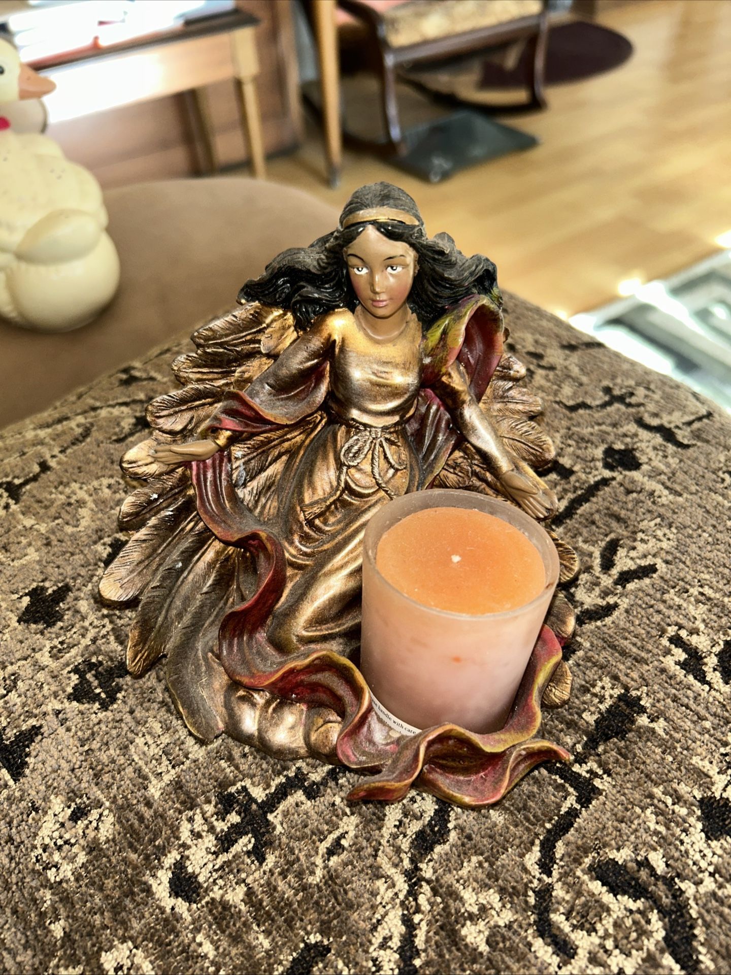 Beautiful Gold Winged Angel Votive Holder Cast Resin 7 3/4 Inches Tall