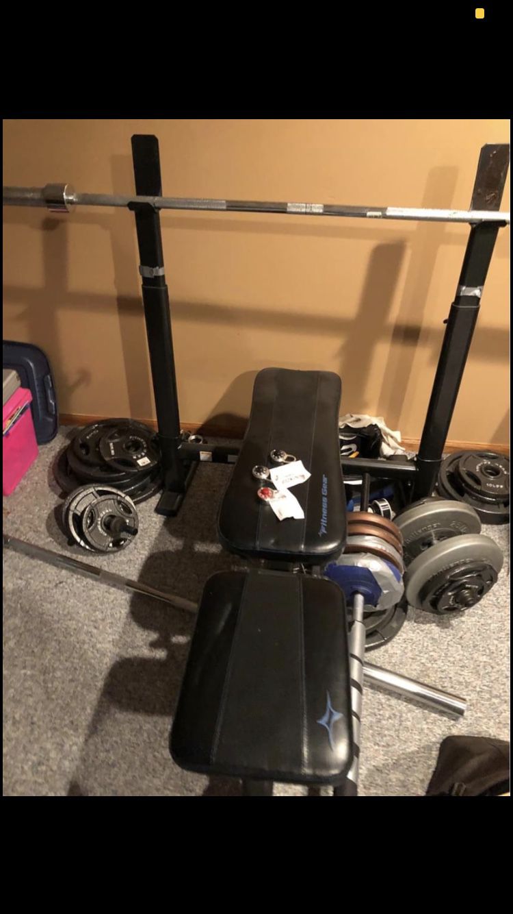 Weight bench, barbell, and weights