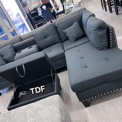 Brand New Charcoal Linen Sectional Sofa +Storage Ottoman (New In Box) 