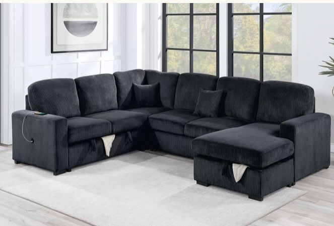 XL Convertible Sectional Couch Sofa Pull-out Bed & Storage Black Dark Grey Corduroy