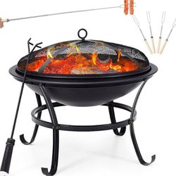 24”Fire Pit Outdoor Steel Wood Burning BBQ Grill Firepit Bowl Fireplace with Mesh Screen & Fire Poker, Log Grate
