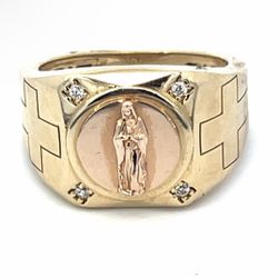 Men’s 10k Two Toned Rose Yellow Gold CZ Cubic Zirconia Virgin Mary with Cross Detailing Ring Size 9.5 GP3102026