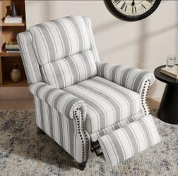 Gray Striped Linen Nailhead Trim Upholstered Recliner Chair with Adjustable Footrest