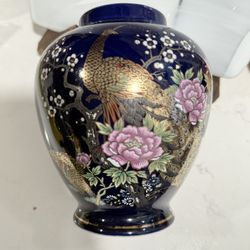 Vintage Japanese Kutani Porcelain Cobalt Blue Vase with Peacocks & Flower Blossoms 6” Tall