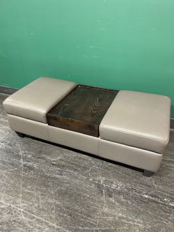Contemporary Three-Piece Leather Ottoman with Wood Tray