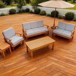 New solid teak outdoor conversation for 6 with SUNBRELLA outdoor cushions