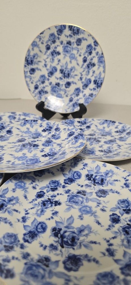 Godinger Antique Reflections Blue Floral Plates Set of 6 Gold Trim
