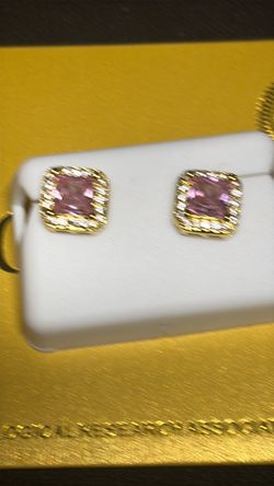 Gold Stud Earrings with Pink Stone Halo