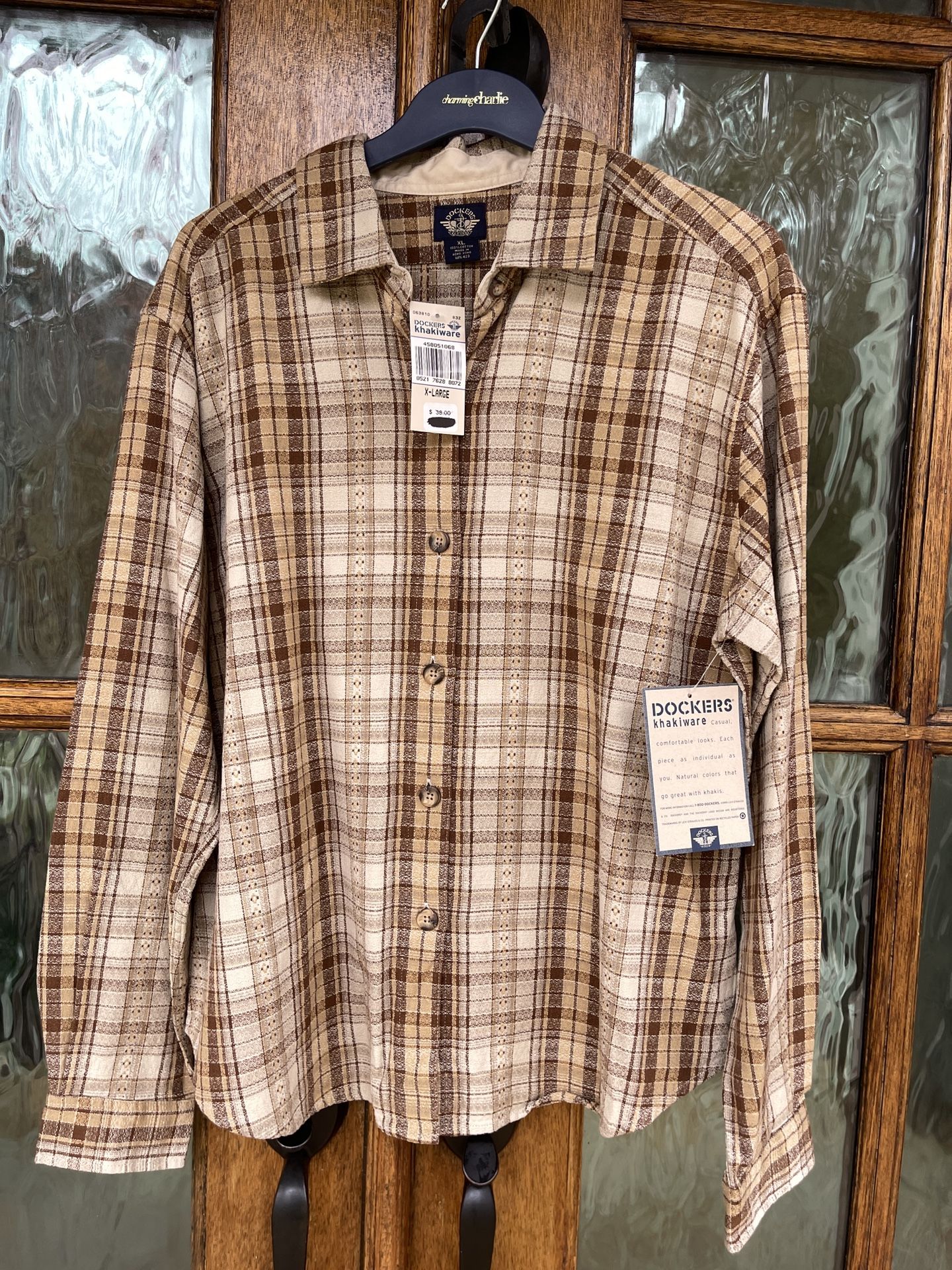 Dockers Button-Front Khakiware casual Brown Checkered Men's Shirt XL *NWT*
