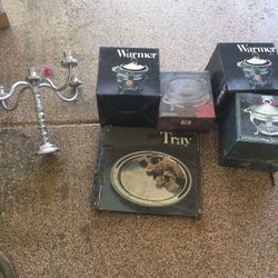 4 Real silver plate serving warmer dishes 2 silver trays in storage boxes and a 5 candle silver candelabra
