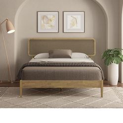 NTC Lupin Wooden Bed Frame with Headboard, Solid Oak and Rubber Wood Foundation with Silent Slats and Wood Central Supports, 1000 Lb Capacity, Queen -