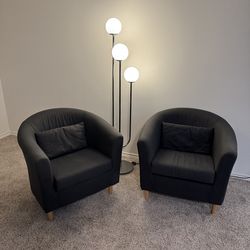 Two IKEA TULLSTA Armchairs + 2 matching Footstools, Navy Blue-Gray, Fabric – Great Condition