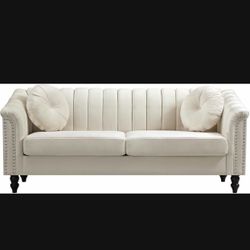 Sofa Microfiber Chesterfield Upholstered Sofas Loveseat Couch Chair Sets with Style Button Tufted, Scroll Arms and Nailhead for Living Room, Office, A