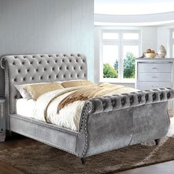 Brand New Glam Gray Velvet Queen Size Bed Frame 